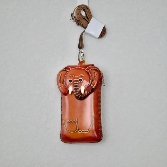 Hand Crafted Carved Leather Elephant Phone Wristlet Wallet with Strap NWOT - Picture 4 of 7